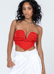 Red strapless top Boning through neckline & waist  Plunging neckline  Pleated bust  Lace-up back tie fastening  Rounded hem 