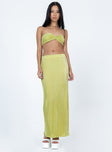 Matching set Silky material  Pleated design  Strapless top  Twisted bust  Midi skirt  Elasticated waistband  Lettuce edge hem 