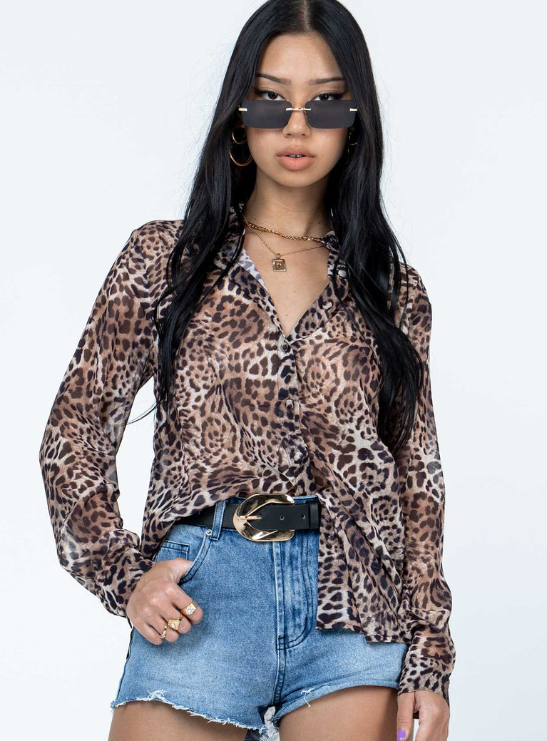 Blouse Leopard print  Sheer material Printed design Button front fastening Single-button on cuff Scooped hemline