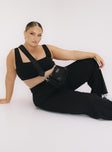 Black matching set Crop top Fixed straps Invisible zip fasting at side High waisted pants Wide relaxed leg Belt loops at waist Zip & button fastening