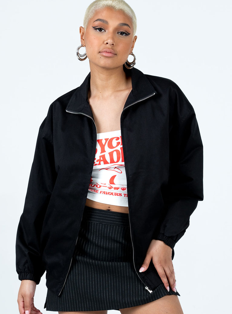 Black jacket Oversized fit High neck Zip fastening at front Twin hip pockets Elasticated waistband & cuffs