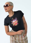 front view of model wearing Princess Polly Taz You Devel Longline Baby Tee Black Short Sleeves Crew Neck 