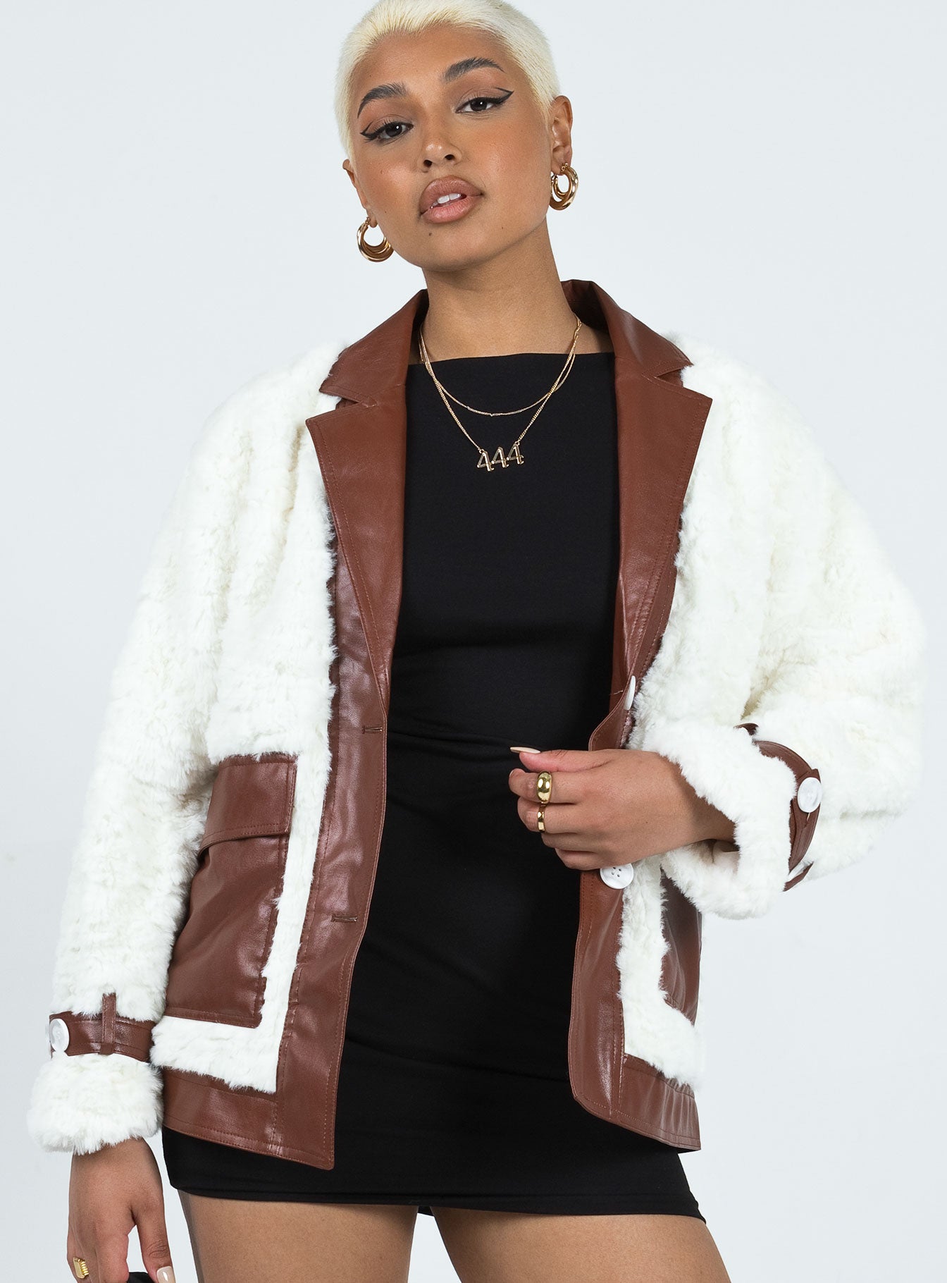 Tudor PU Faux Fur Jacket White / Brown