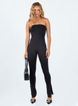 Strapless jumpsuit Inner silicone strip at bust Invisible zip fastening at back Split at cuff Slim leg 