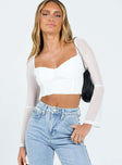Long sleeve crop top Mesh material Off-the-shoulder design Ruching throughout Invisible zip fastening at side Sheer flared sleeve Good stretch Lined body