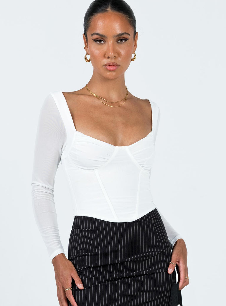 Long sleeve top Sheer mesh material Sweetheart neckline Slight ruching at bust Curved hem Good stretch Lined body