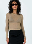 Long sleeve top Sheer knit material Rounded neckline Good stretch 