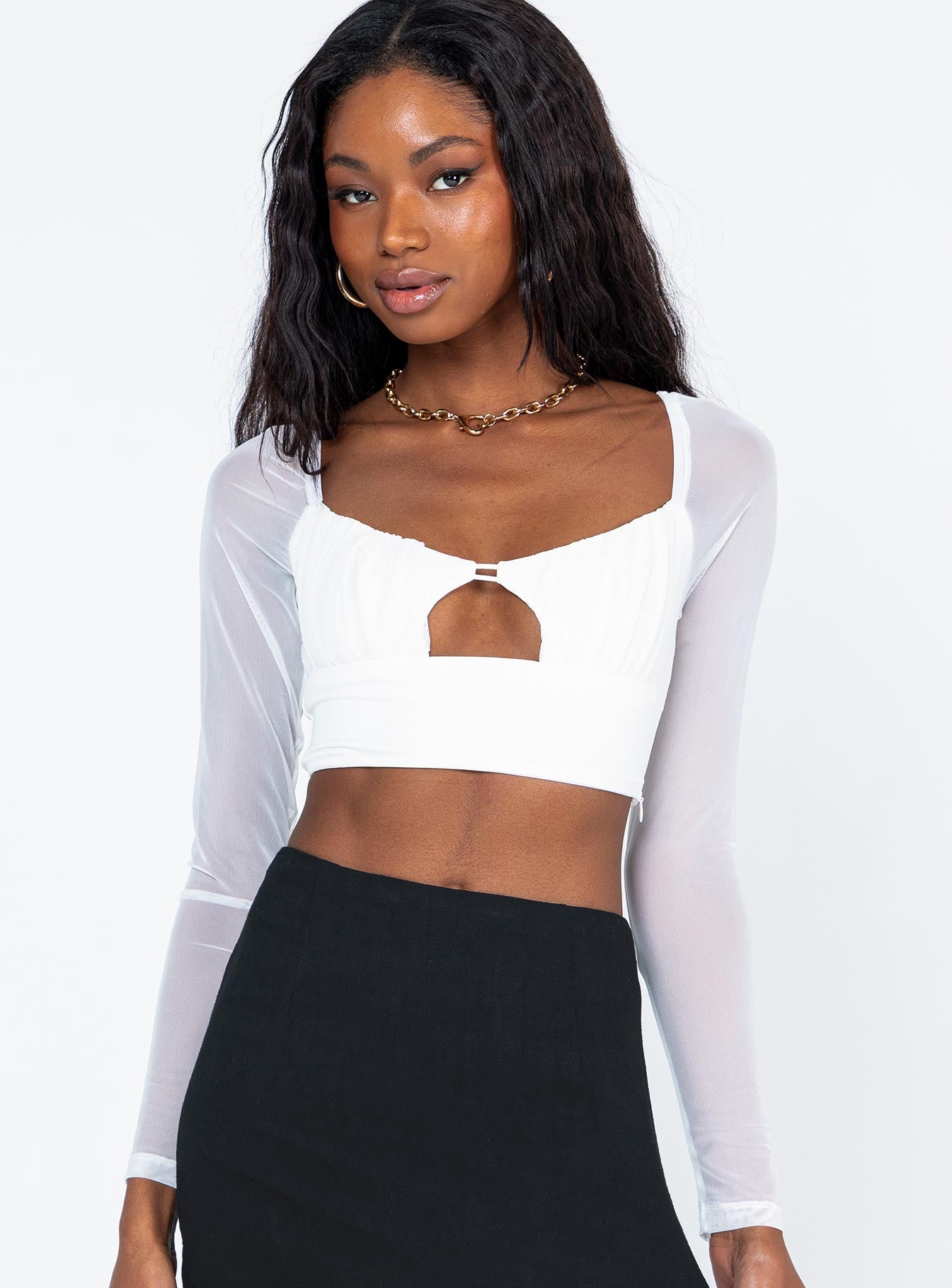 Front view of model wearing  front Princess Polly Full Sleeves Square Neck  Randle Long Sleeve Top White