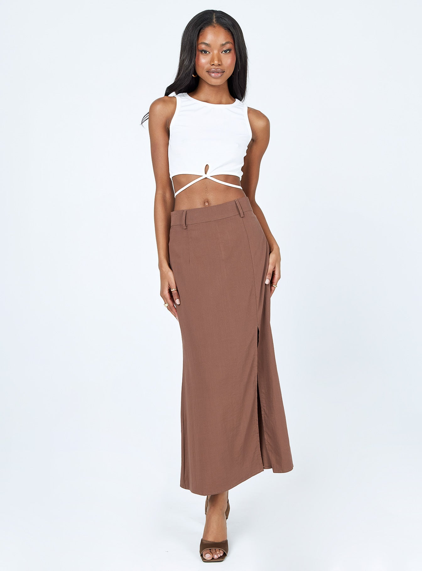  front view of model wearing Princess Polly Siana Maxi Skirt Brown 