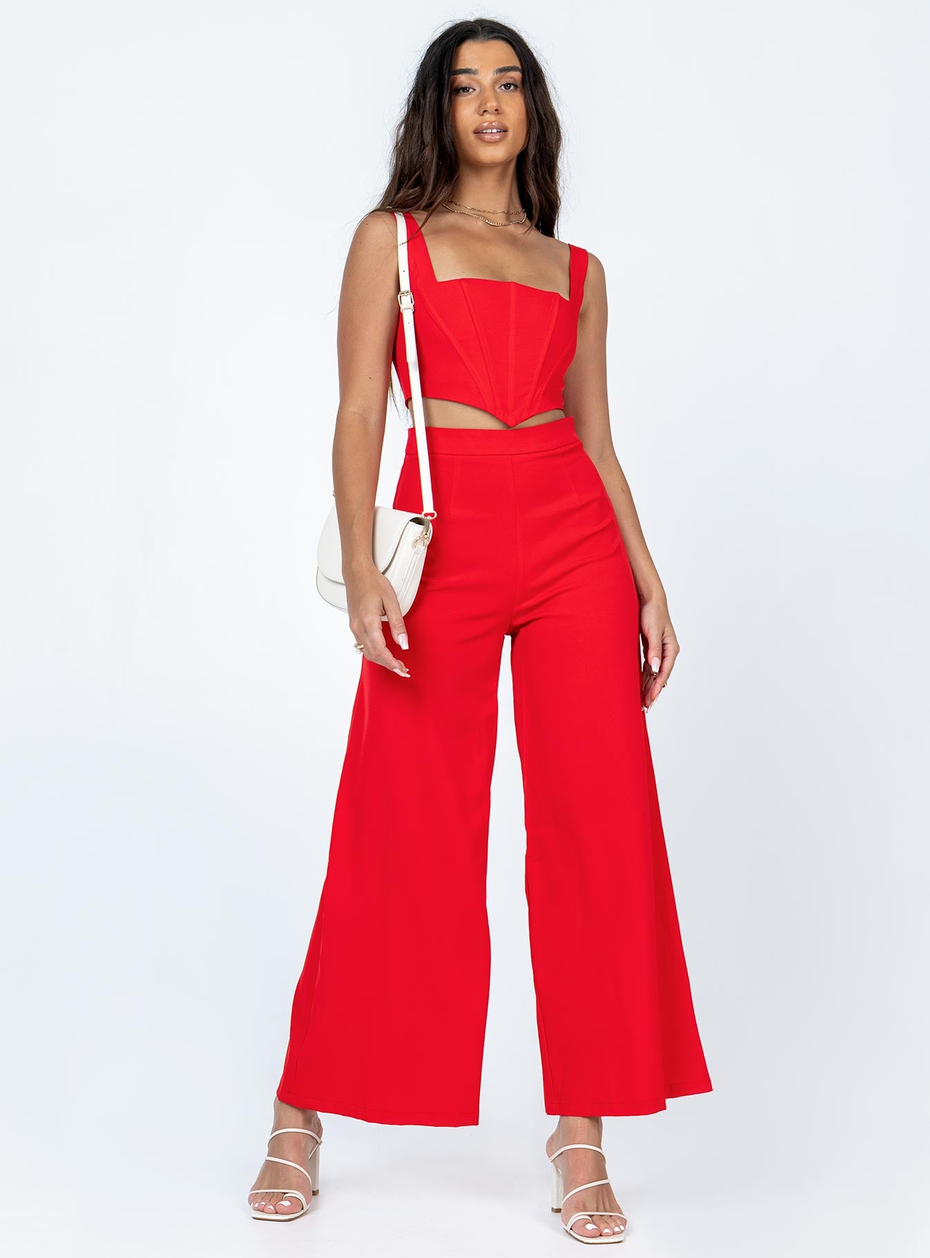 Matching set Corset top  Boning through front  Zip fastening at back  High waisted pants  Invisible zip fastening at side  Wide leg 