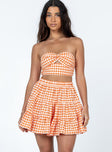 Matching set Gingham print  Strapless crop top  Inner silicone strip at bust  Knot at bust  High waisted mini skirt  Elasticated waistband  Tiered design 