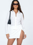 Matching set Textured material  Mini wrap skirt  Side slit  Button up shirt