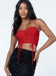 front view of model wearing Princess Polly Shine Bright Crop Top Red Sleeveless Sweetheart 