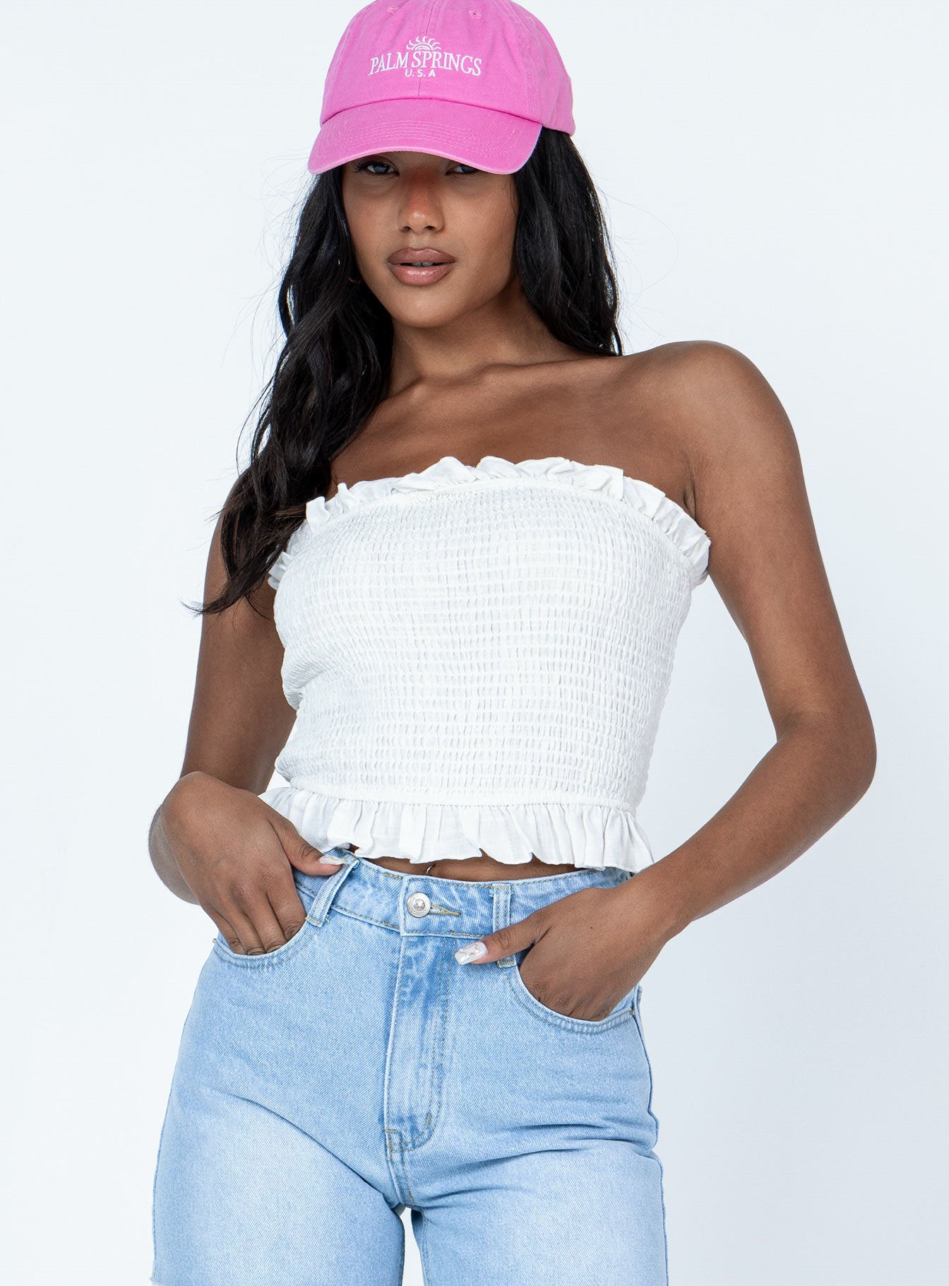 back view of model wearing Princess Polly Rosemont Top White Sleeveless Square Neck 