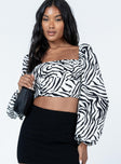 Crop top Princess Polly Exclusive 100% polyester  Zerba print  Long balloon style sleeves Can be worn on or off shoulder Invisible zip fastening at side Gathered bust Fully lined