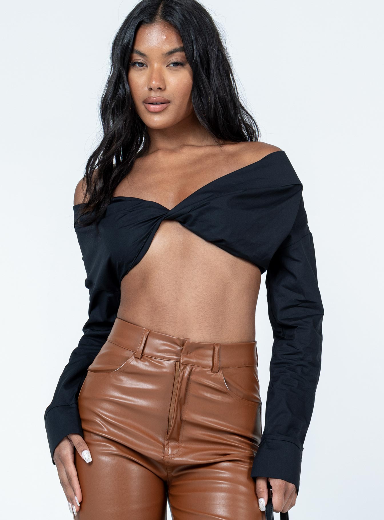 front view of model wearing Princess Polly Botany Long Sleeve Top Black Full Sleeves Sweetheart 