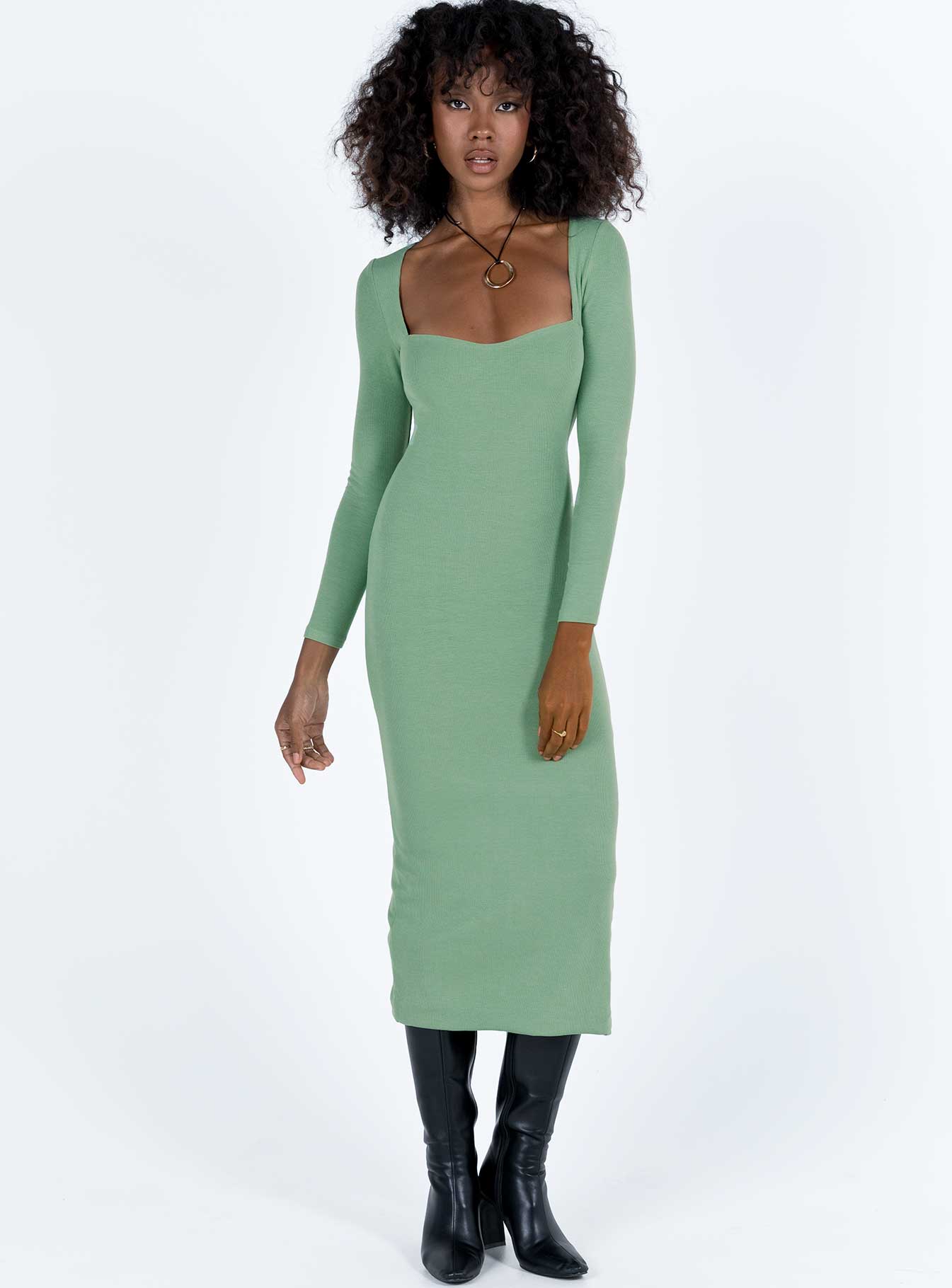 Front view of model wearing  front Princess Polly High Neck  Nolan Midi Dress Green