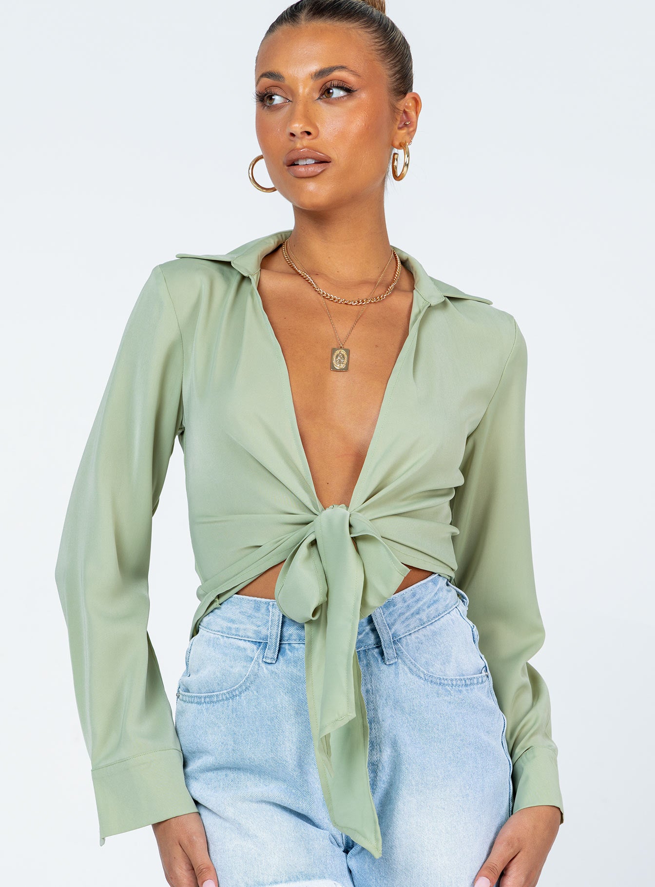 front view of model wearing Princess Polly Gonzalo Shirt Green 