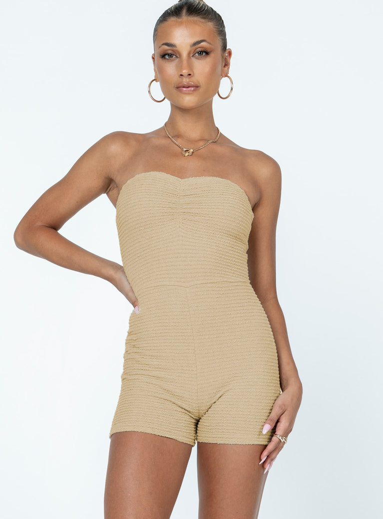 Strapless romper Textured material  Ruched detail at bust 