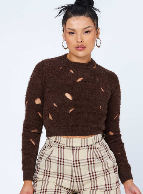 front view of model wearing Princess Polly Astrella Sweater/Jumper Brown 