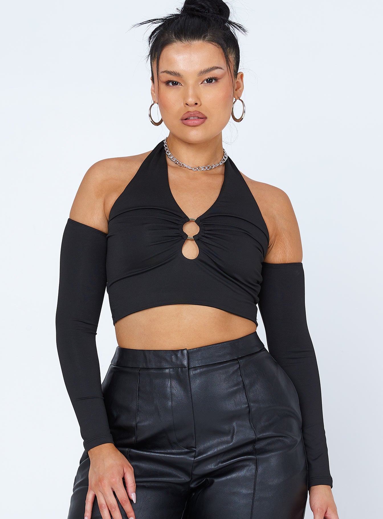 front view of model wearing Princess Polly Sharlene Long Sleeve Top Black 