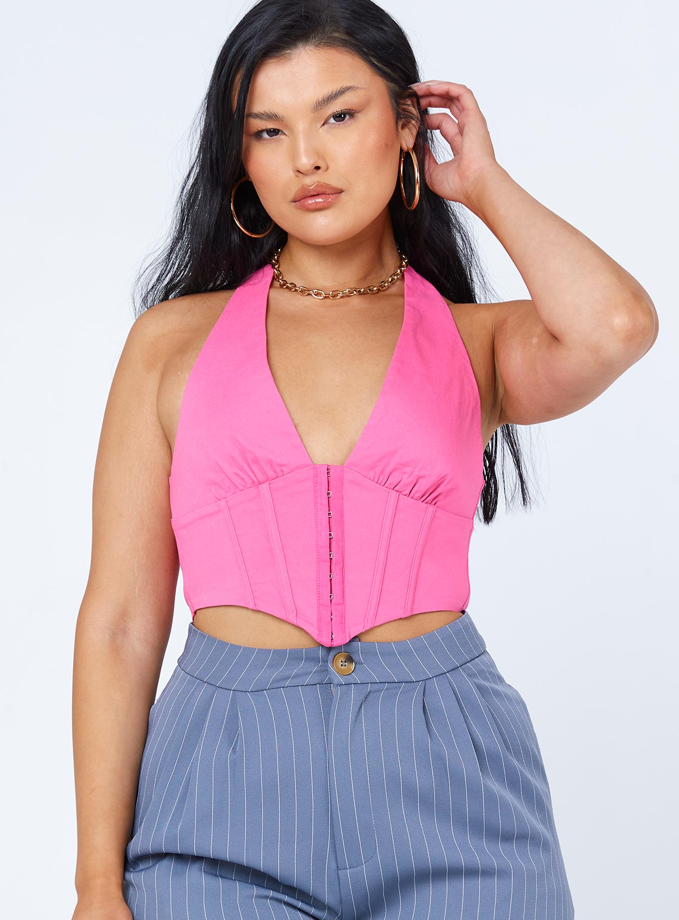 front view of model wearing Princess Polly Dreaming Top Pink 