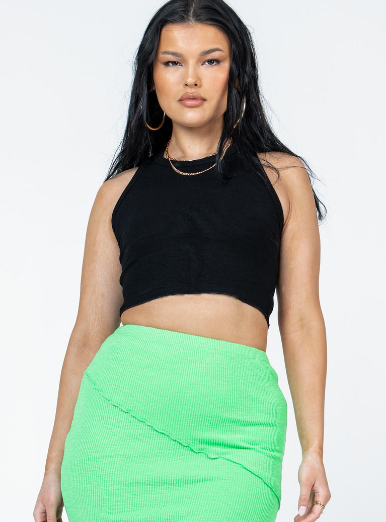 Black crop top Ribbed material  High neck  Exposed back 