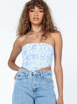 front view of model wearing Princess Polly Saddlers Strapless Top Blue Sleeveless Square Neck 