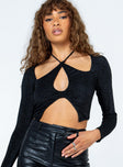 Long sleeve top slim fitting shimmer material Halter neck tie fastening  Knot detail at bust 
