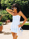 front view of model wearing Princess Polly Carano Mini Dress Blue Check Sweetheart Neckline 