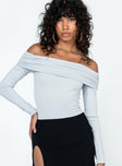 front view of model wearing Princess Polly Stocklin Off Shoulder Bodysuit Blue Full Sleeves straight 