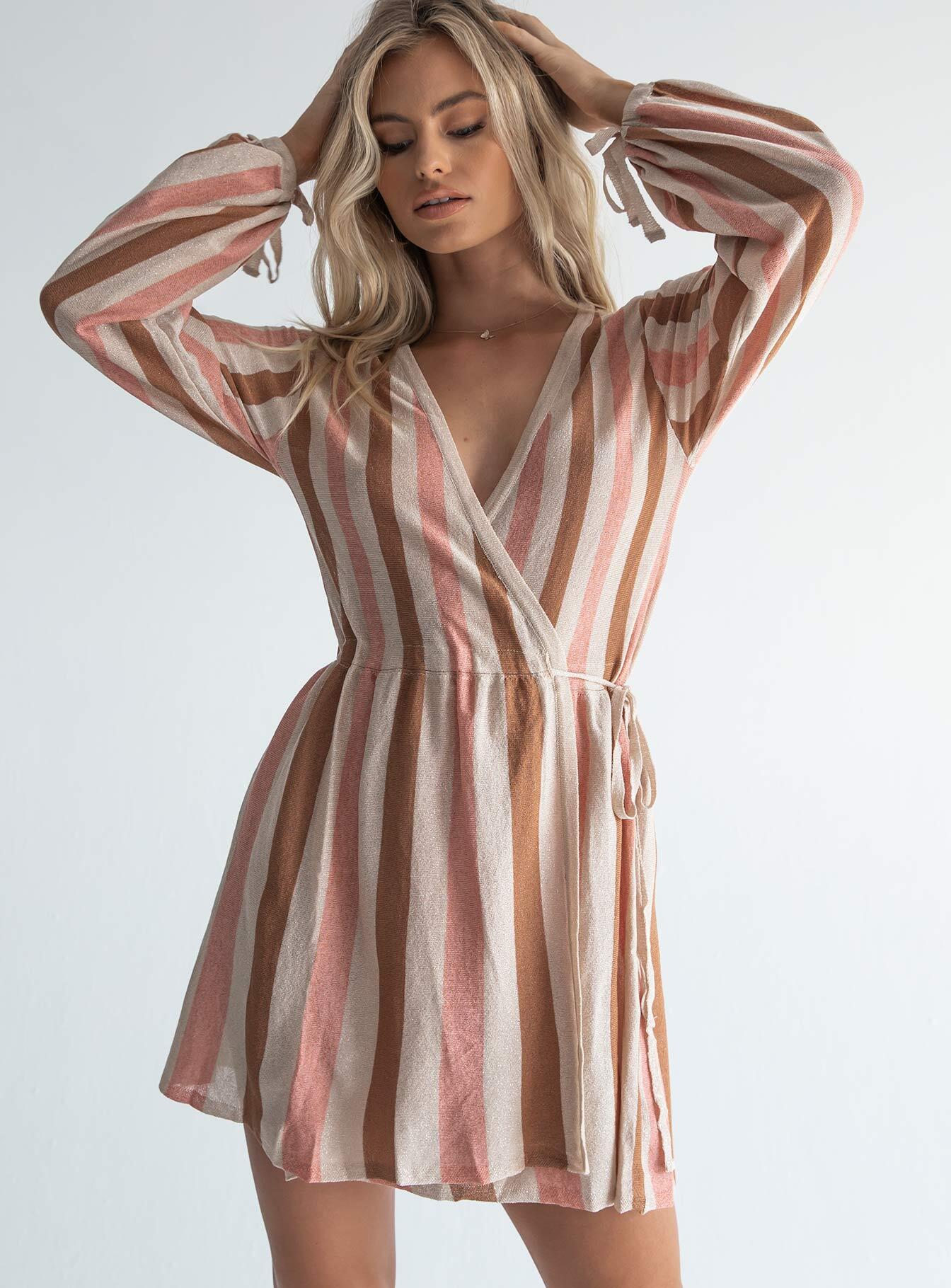 front view of model wearing Princess Polly Chiara Mini Dress Beige Multi 