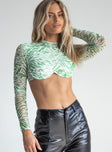 front view of model wearing Princess Polly Remus Long Sleeve Top Green 