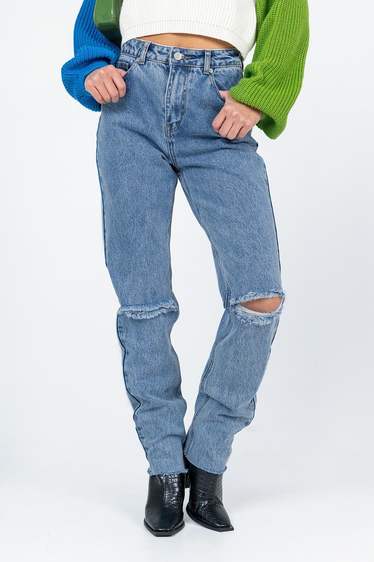 front view of model wearing Princess Polly Bolonia Skinny Denim Jeans Mid Rise 