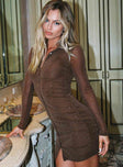 front view of model wearing Princess Polly Friday Fever Mini Dress Brown 