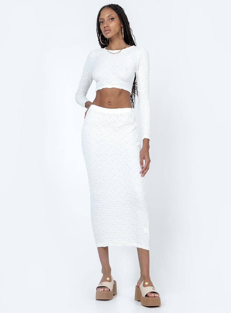 Matching set Crinkle material Long sleeve top Midi skirt Elasticated waist Good stretch 