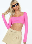 Front view of model wearing  front Princess Polly Full Sleeves Square Neck  Rogers Long Sleeve Top Pink