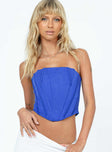 Blue strapless top Corset style Inner silicone strip at bust Boning throughout Zip fastening at back Curved hem