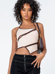Crop top, beige and brown, Ribbed material Halter neck tie fastening Diagonal cut outs Pointed hem