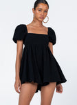 Black romper Muslin look material Square neckline  Elasticated puff sleeves Shirred back panel Invisible zip fastening at back  Relaxed leg 