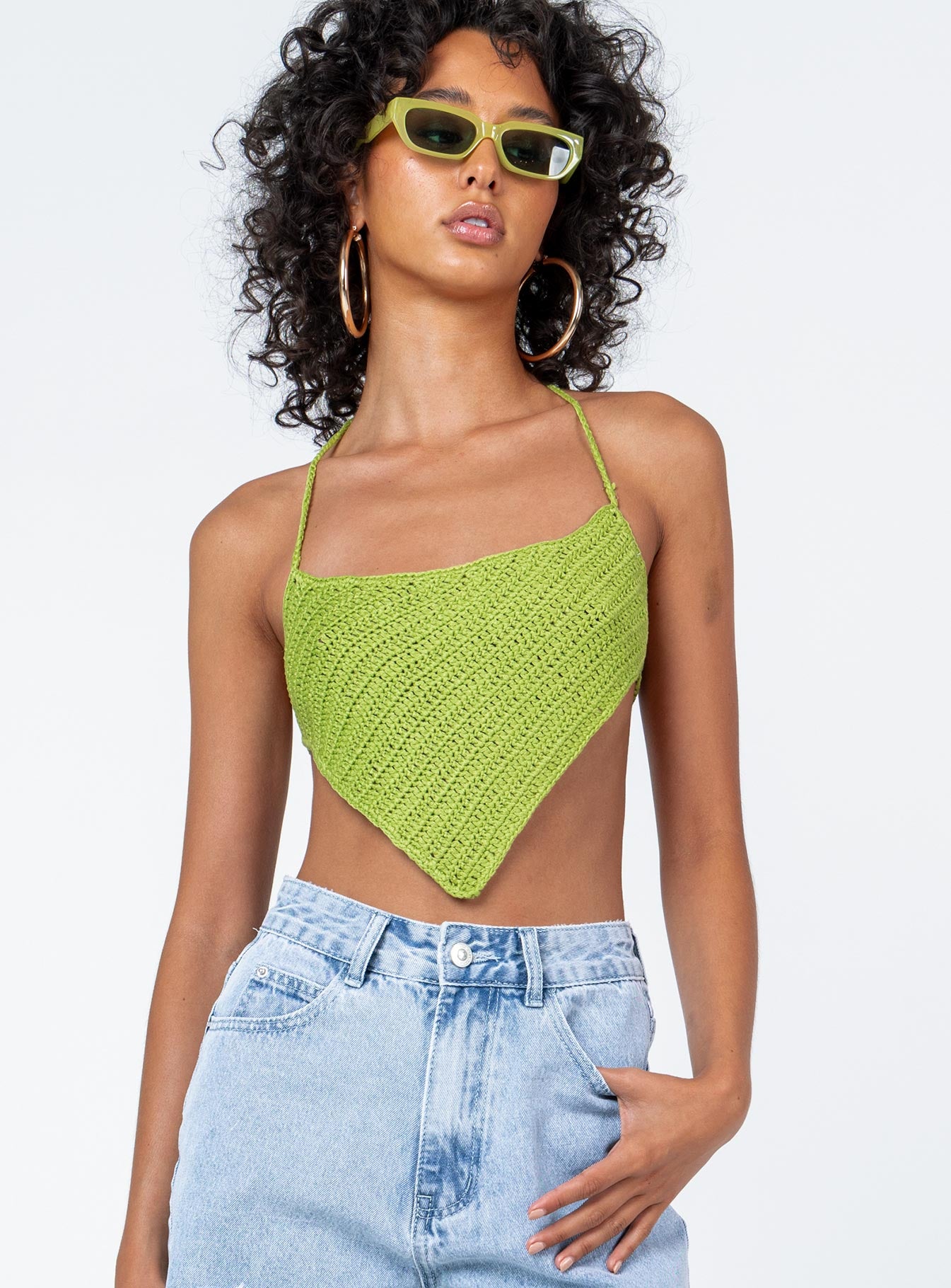 front view of model wearing Princess Polly Vermont Top Green Sleeveless Scoop Neck 