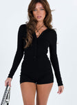 Black long sleeve romper Ribbed material Front button fastening Round neck Good Stretch Unlined 