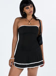 Strapless mini dress Thick material Inner silicone strip at bust Frill hem Good stretch Unlined 