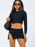 Matching set  Slim fitting  Princess Polly exclusive 95% polyester 5% elastane  Length of size US 4 / AU 8 waist to hem: 32cm / 12.5"   Crinkle material  Long sleeve crop top  Invisible zip fastening at back of top  Mid-rise mini skirt  Side slit 