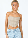 Crop top Mesh material Boning throughout  Pointed neckline  Inner silicone strip at bust  Zip fastening at back 