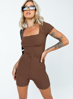 Sara Short Sleeve Romper Brown