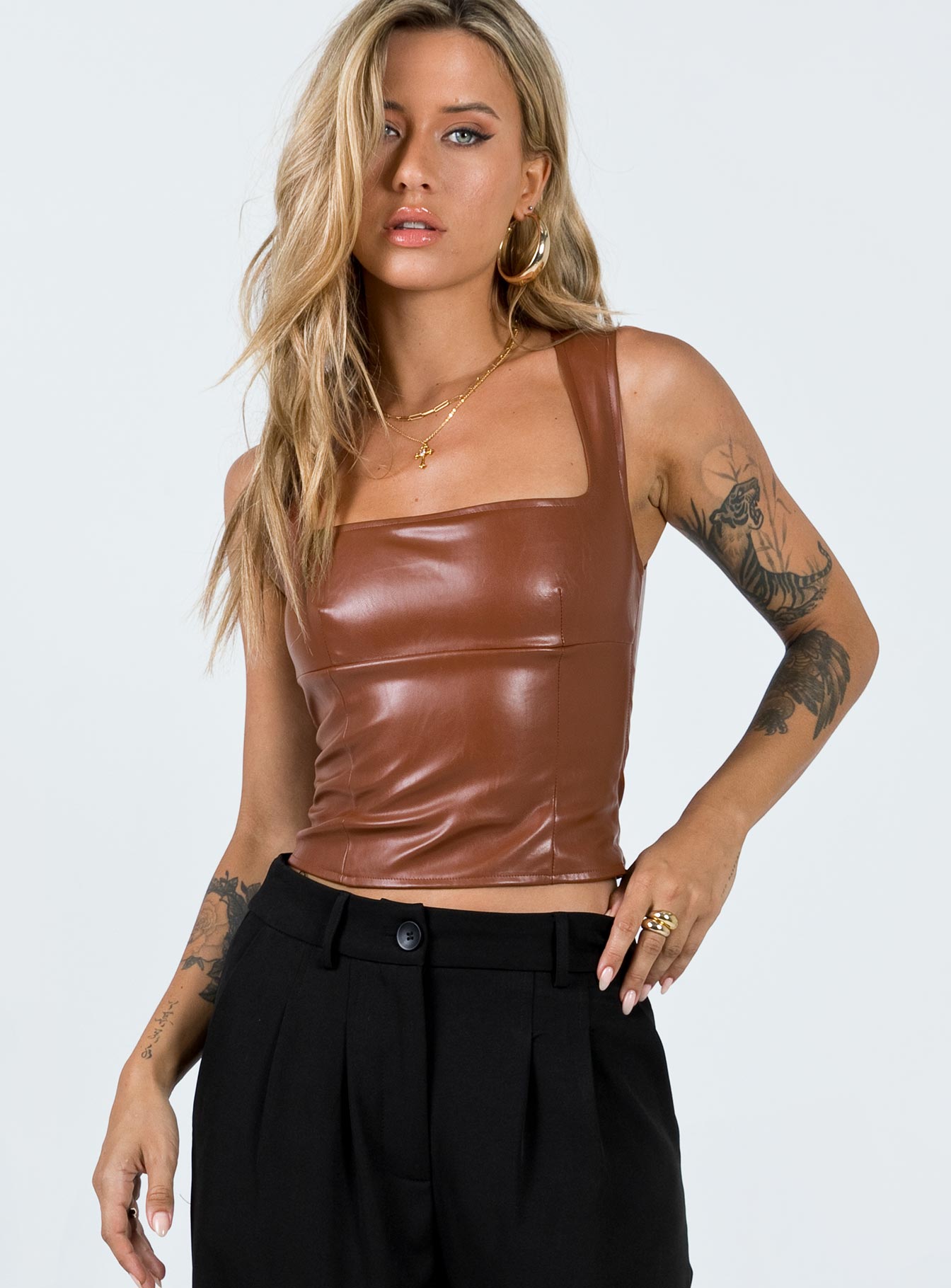 Front view of model wearing  front Princess Polly Three Fourth Sleeves Square Neck  Brumby PU Top Brown