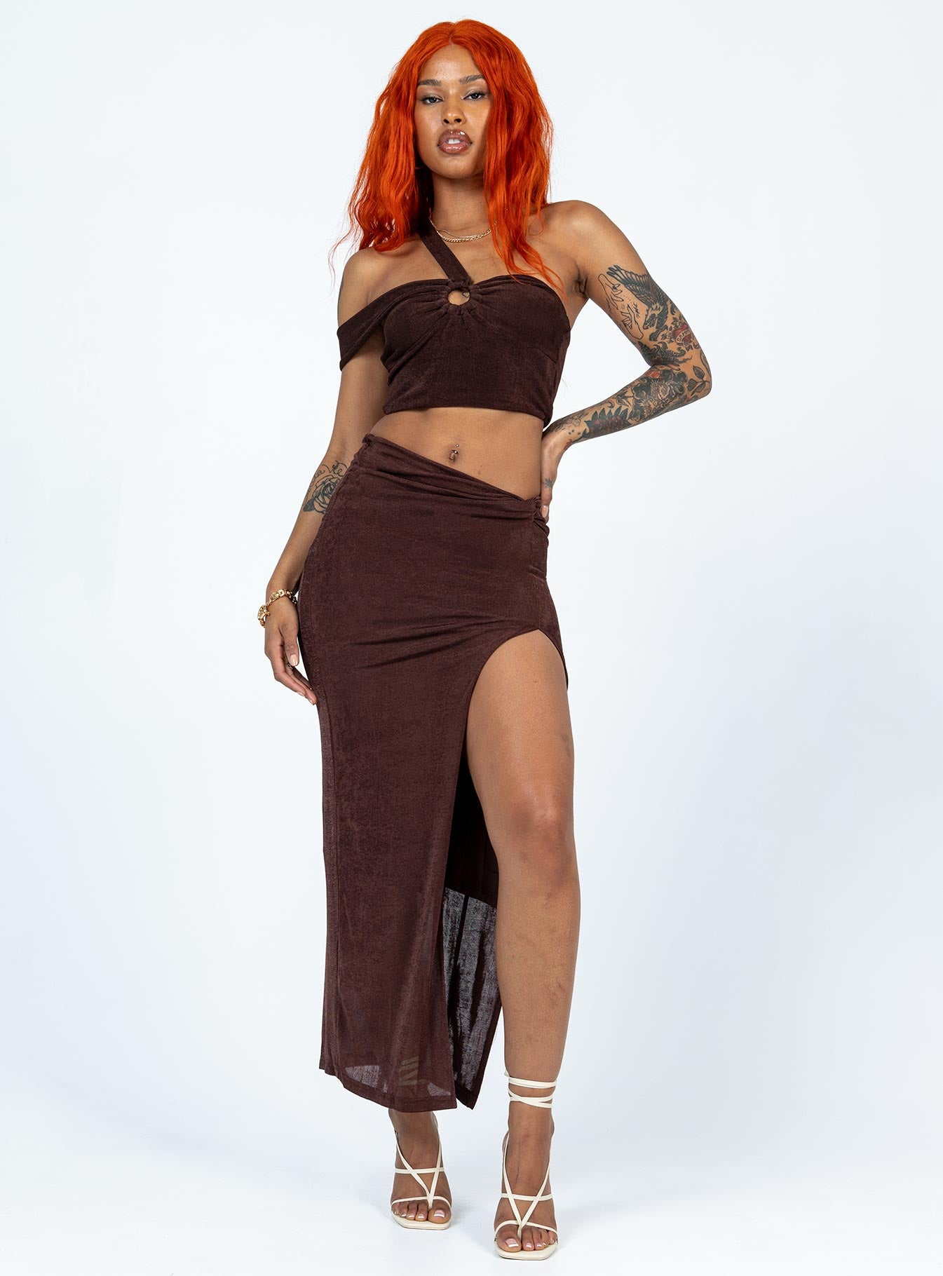   front view of model wearing Princess Polly Paisley Midi Skirt Brown Midi Skirts 