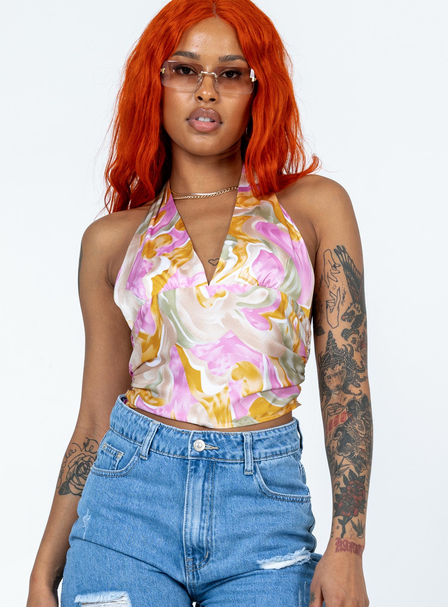 Front view of model wearing  front Princess Polly Sleeveless Scoop Neck  Allington Top Multi