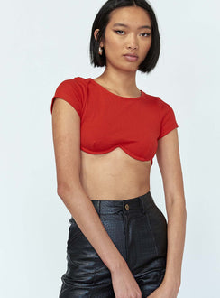 side view of model wearing Princess Polly Becca Short Sleeve Crop Top Red 